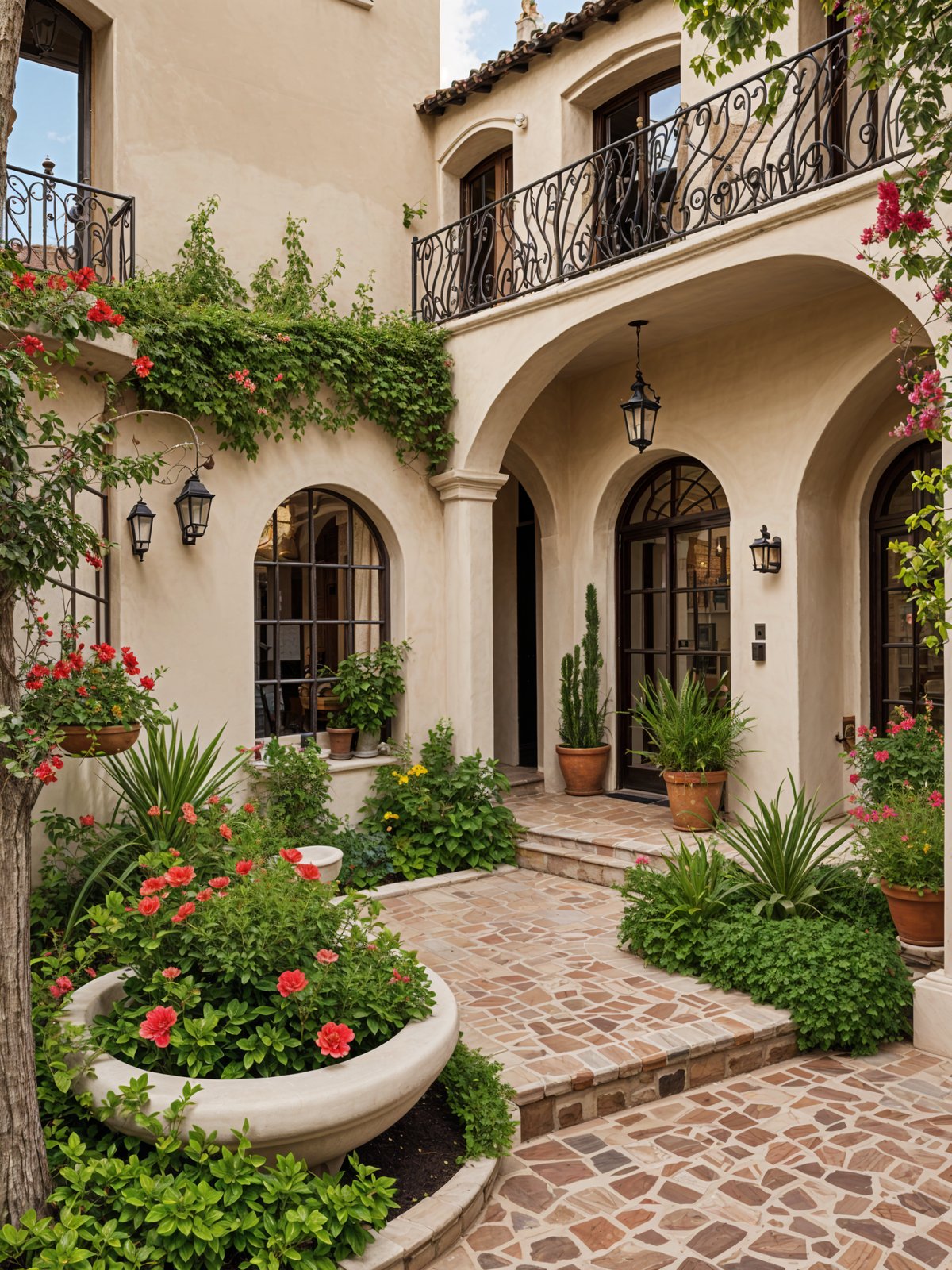 A house with a brick walkway and a variety of potted plants and flowers.