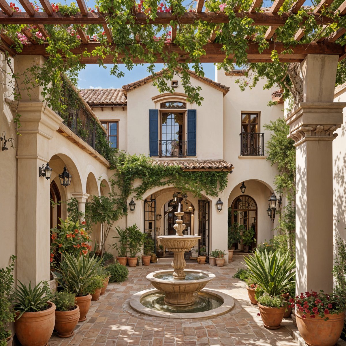 A Spanish style house with a fountain in the middle of a courtyard, surrounded by potted plants and flowers.