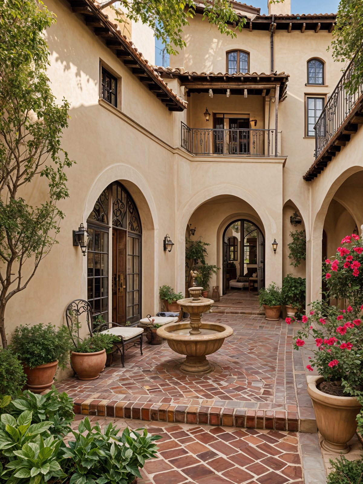 A Spanish style house with a courtyard featuring a fountain and potted plants.