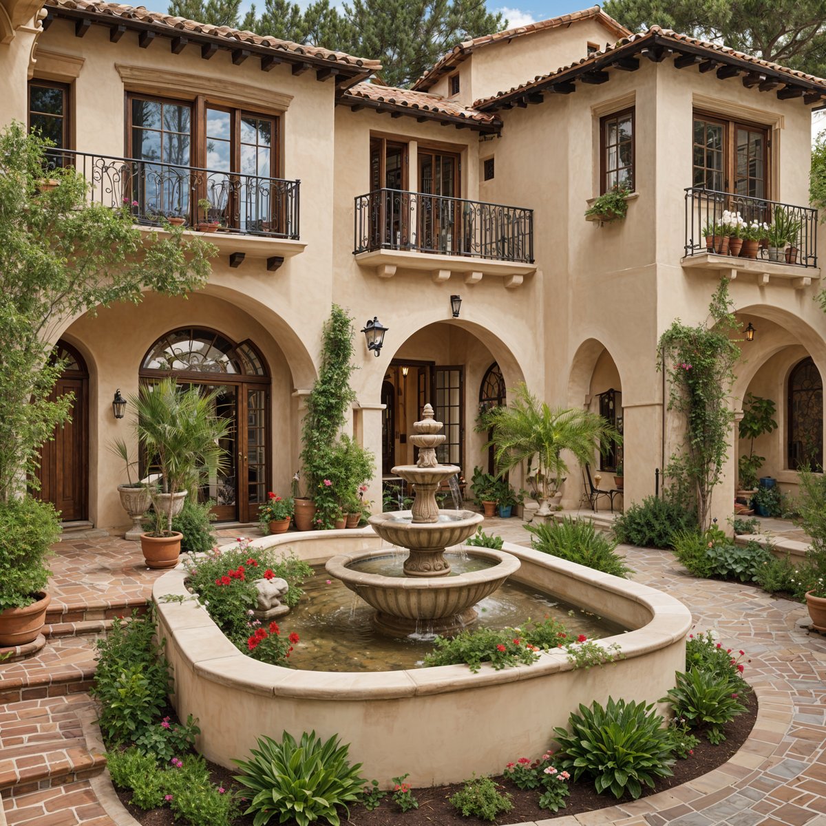 A Spanish style house with a fountain in the middle of a garden. The garden is filled with greenery and flowers, creating a serene and inviting atmosphere.