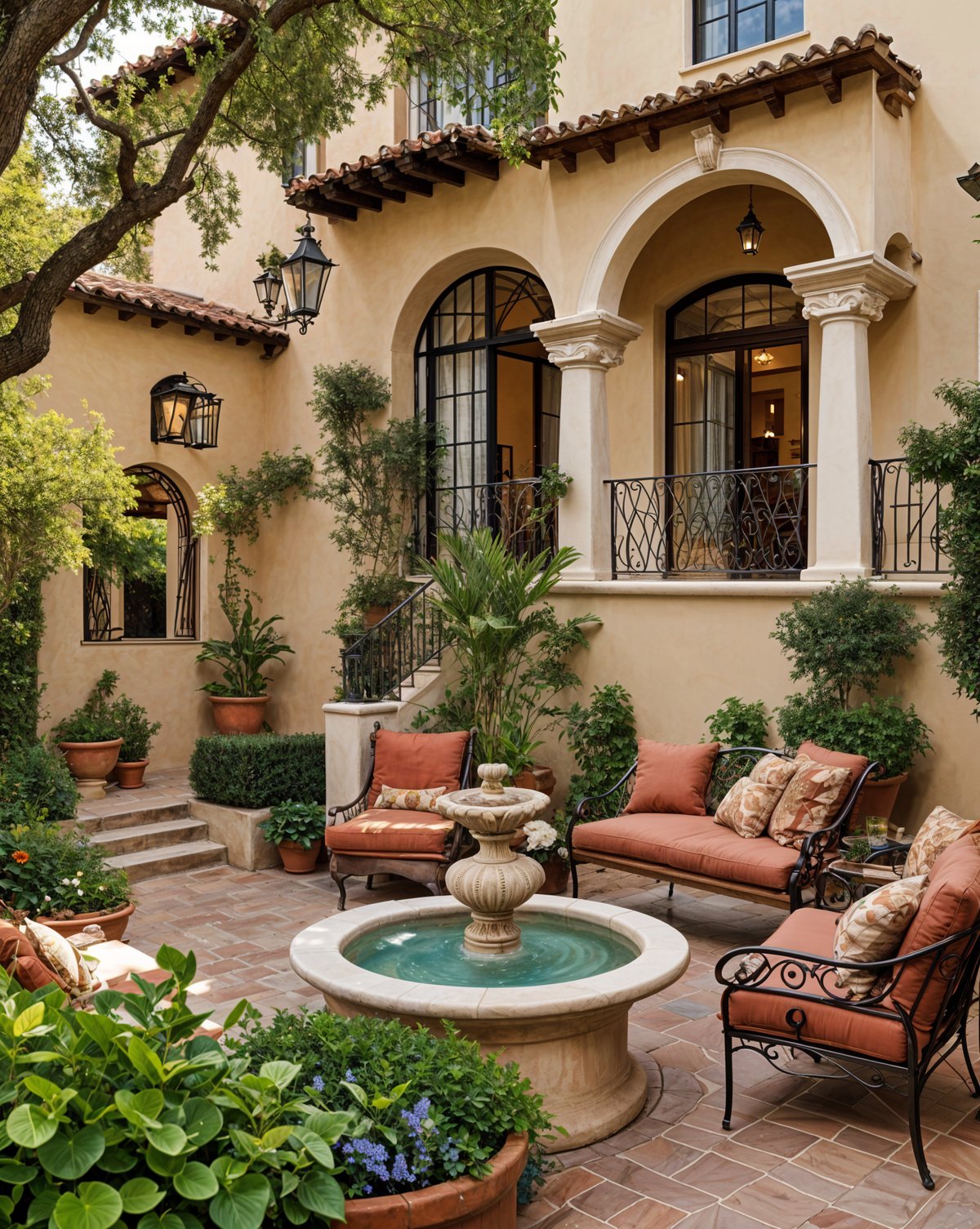 A house exterior with a fountain, potted plants, and a patio area. The patio has a bench and a chair.