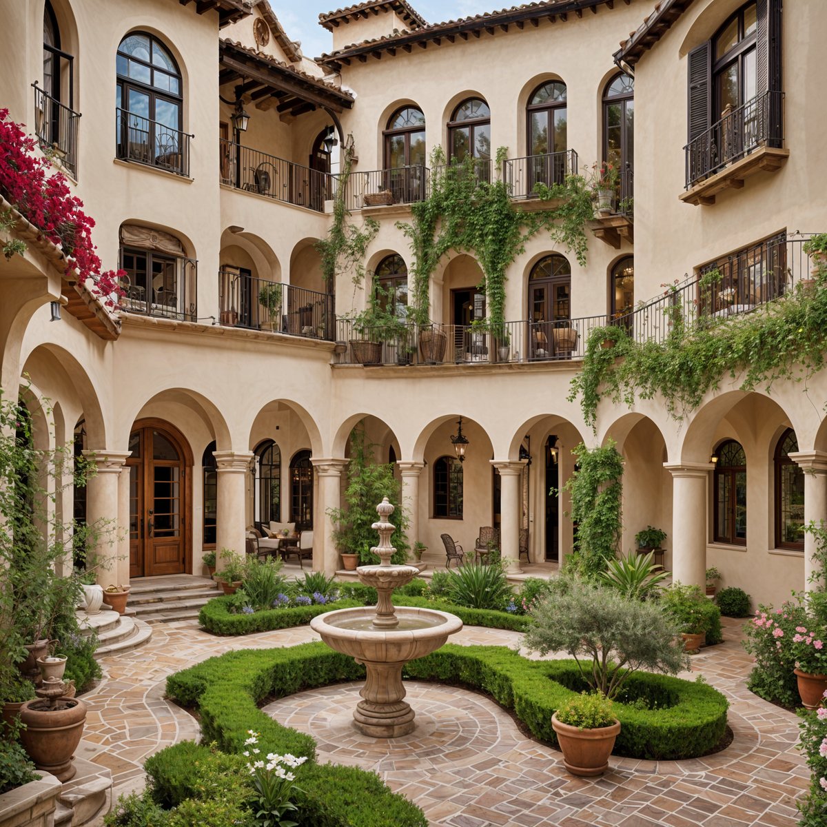 A Spanish-style house with a lush garden and a fountain in the courtyard. The house is adorned with greenery and flowers, and the garden features a variety of potted plants and vases.