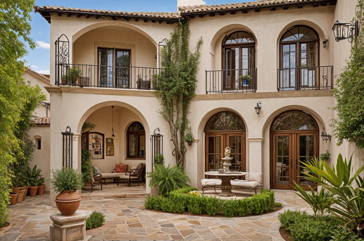 A Spanish style house with a large patio and a fountain in the center. The house has a white exterior and is adorned with many windows and a balcony.