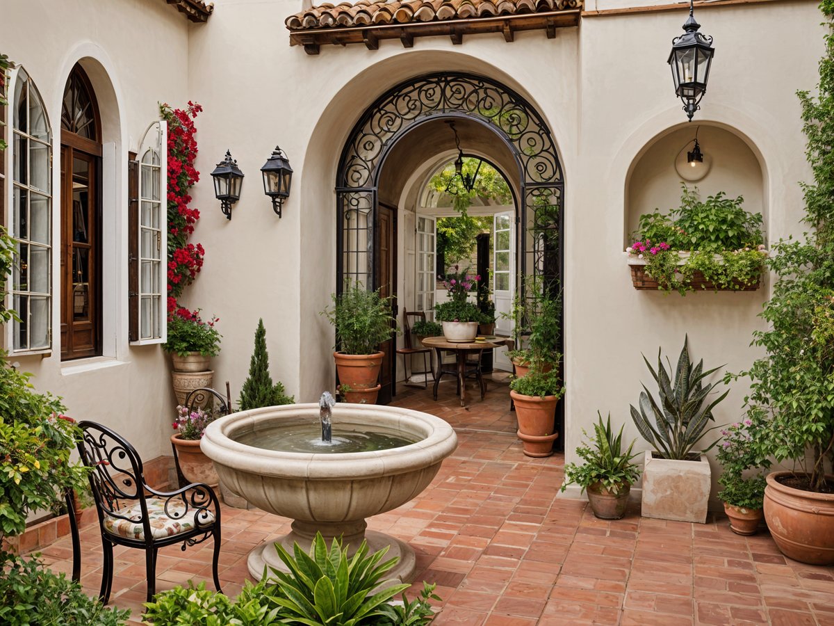 Outdoor patio with a fountain, potted plants, and a table. The space is decorated with a variety of plants and flowers, creating a lush and inviting atmosphere.