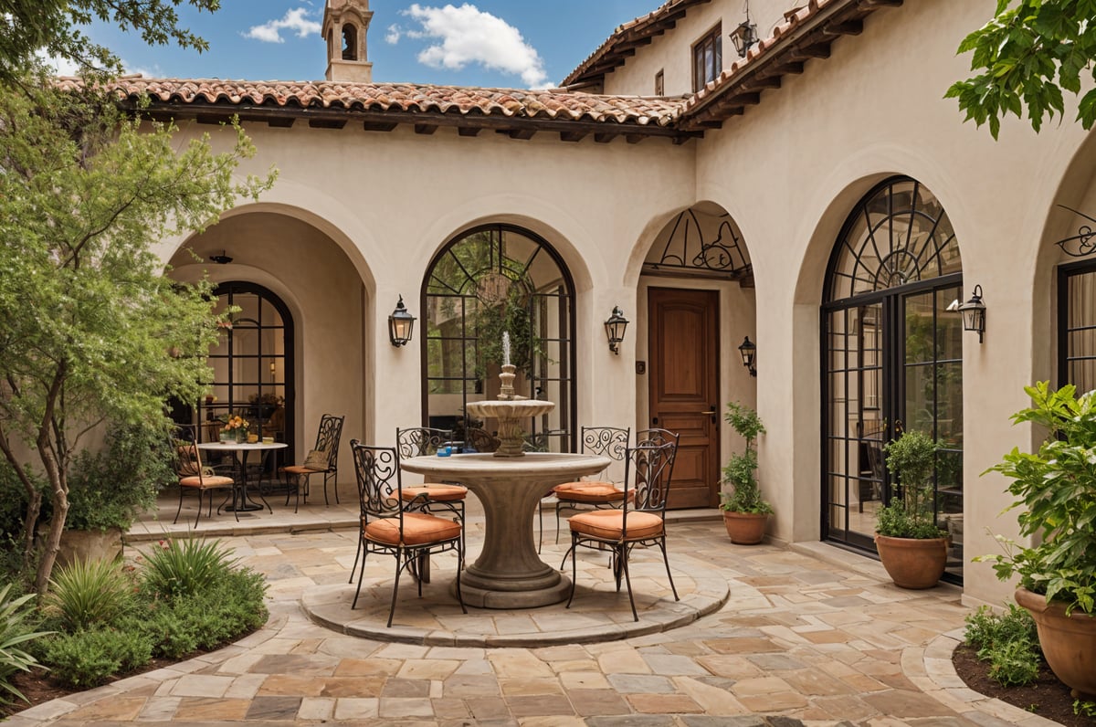 Outdoor patio with a round table and chairs, Spanish-style house with red tile roof, and a fountain in the center.