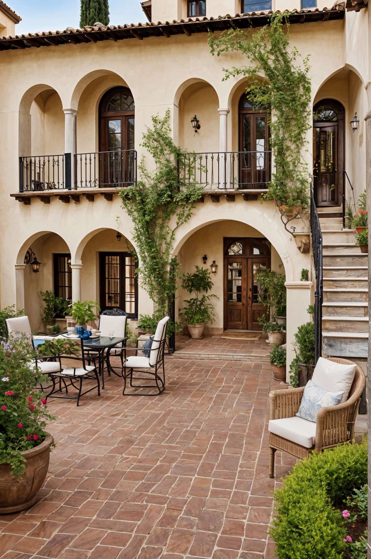 A Spanish style house with a brick patio and staircase, adorned with potted plants and chairs.