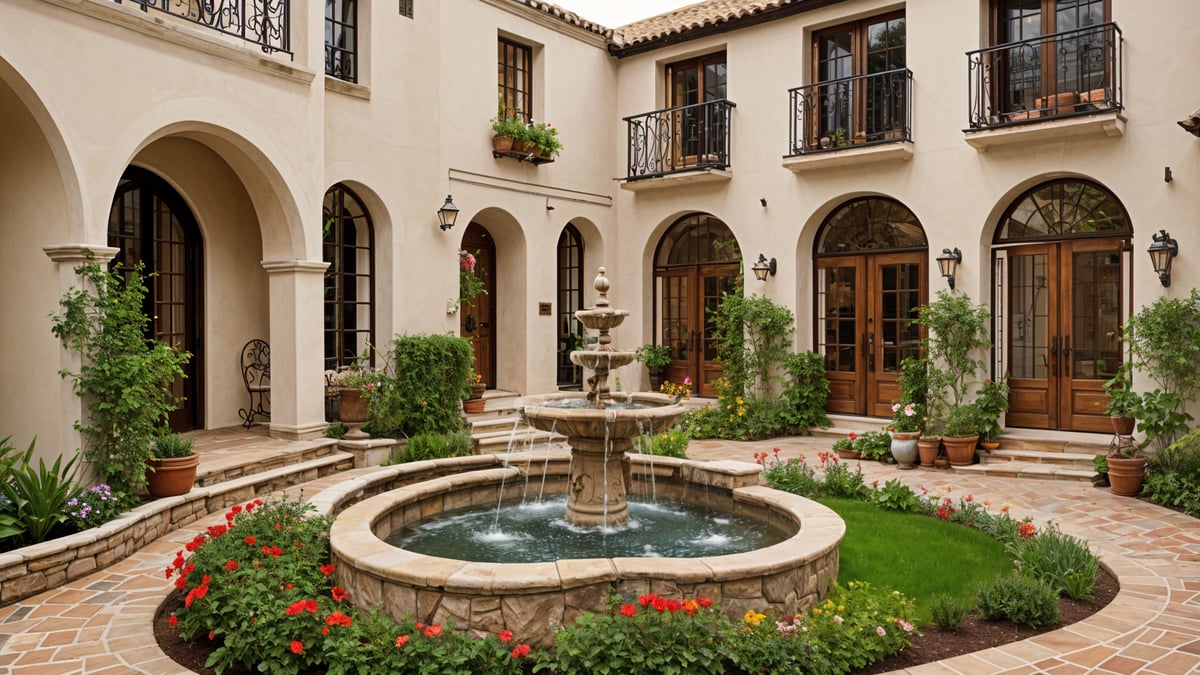 A Spanish style house with a fountain in the middle of a garden. The garden is filled with potted plants and flowers.