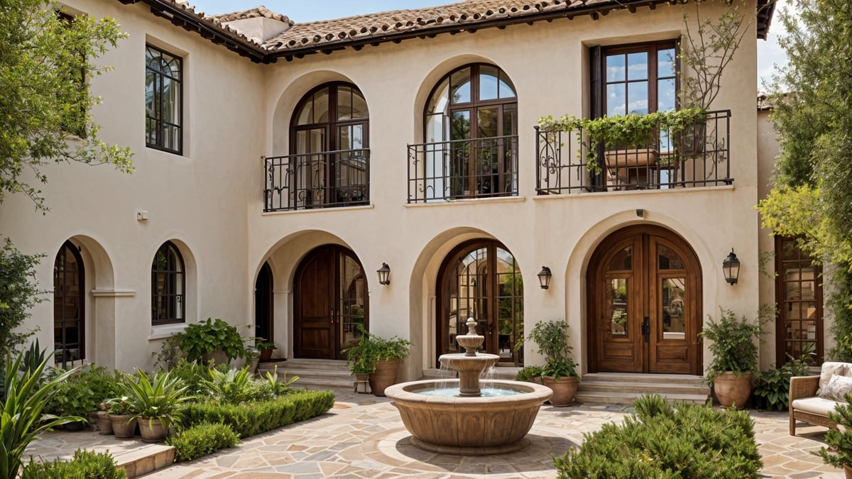 A Spanish style house with a fountain in the middle of a courtyard. The house has a large archway and a balcony with a railing. The courtyard is surrounded by a garden with potted plants and a water fountain.