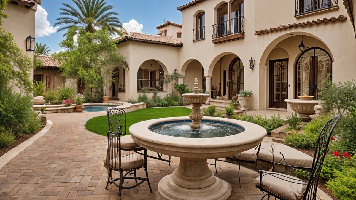 A house with a fountain in the middle of a courtyard. The house is surrounded by a garden with a variety of potted plants and chairs.