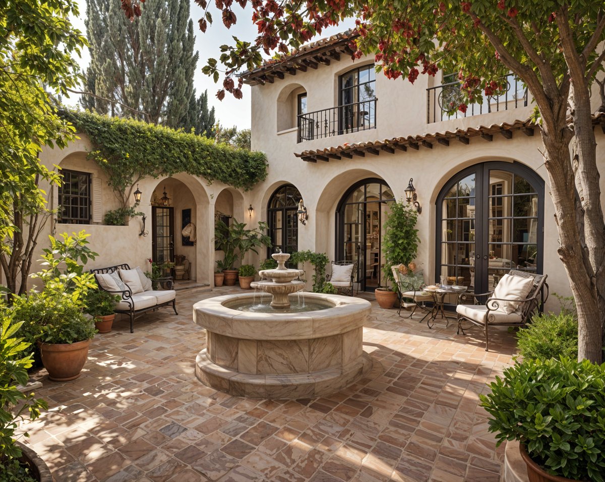 A Spanish style house with a fountain in the center of the courtyard. The house is surrounded by potted plants and chairs.