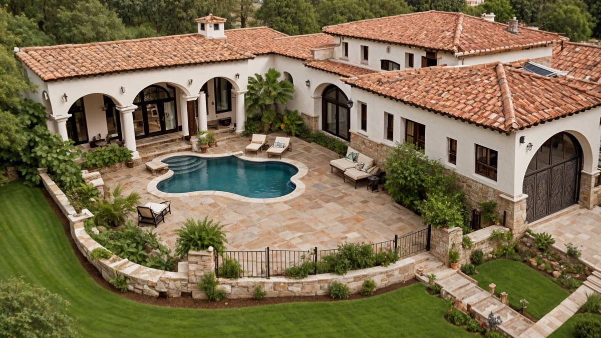 A house with a pool and patio area. The house has a Spanish style design with a red tile roof.