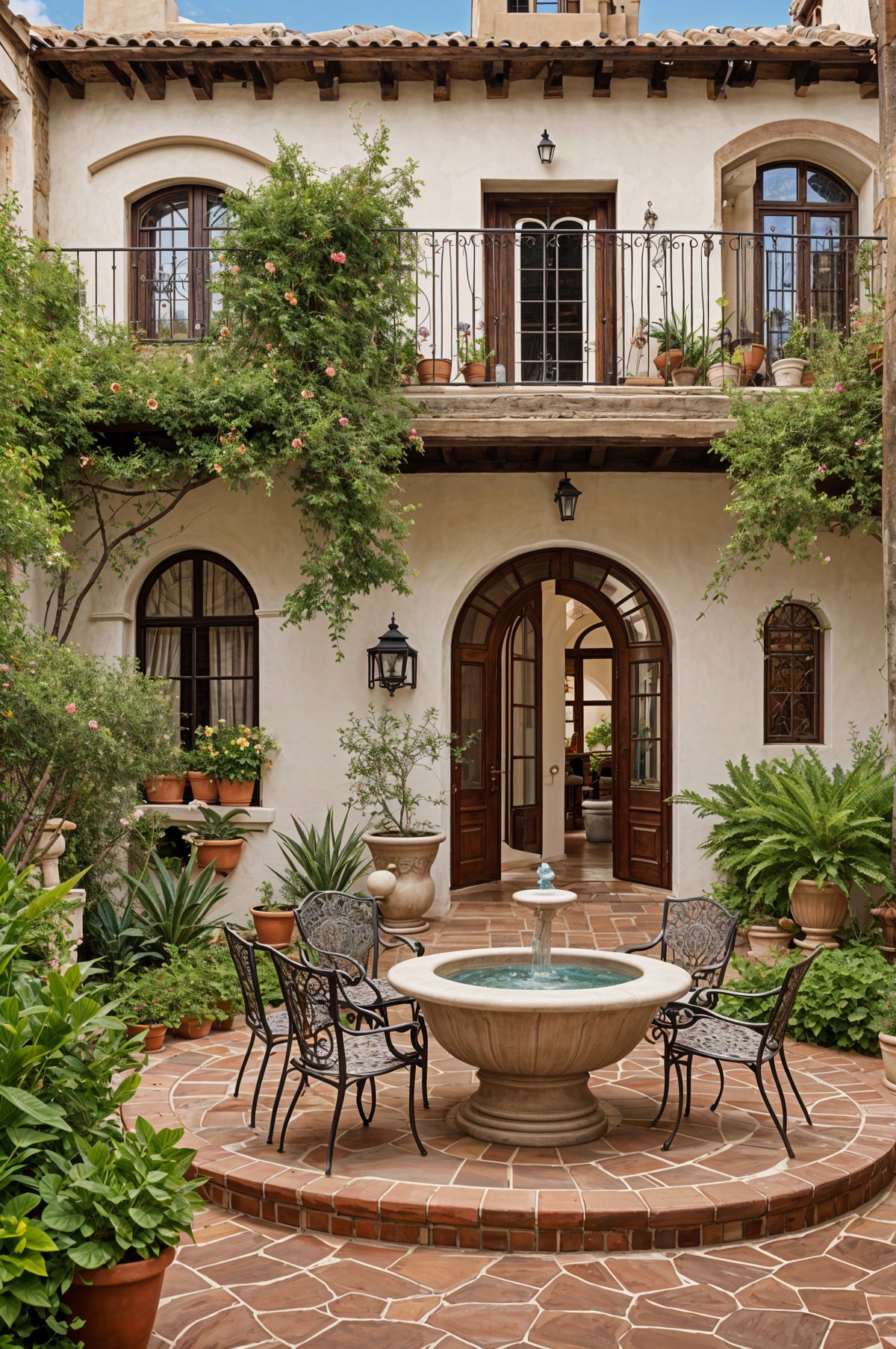 A house exterior with a fountain and potted plants. A circular table with chairs is placed in the middle of the patio.