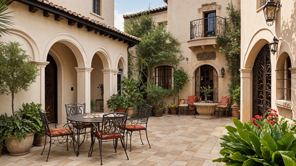 Outdoor patio with a dining table and chairs, surrounded by potted plants in a Spanish-style house.