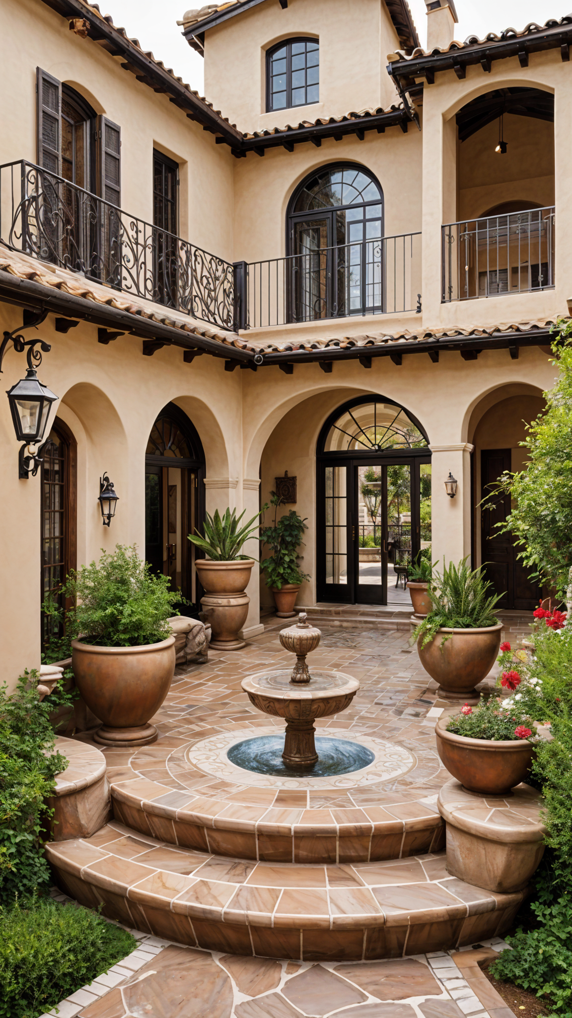 A Spanish style house with a fountain in the middle of a courtyard surrounded by potted plants.