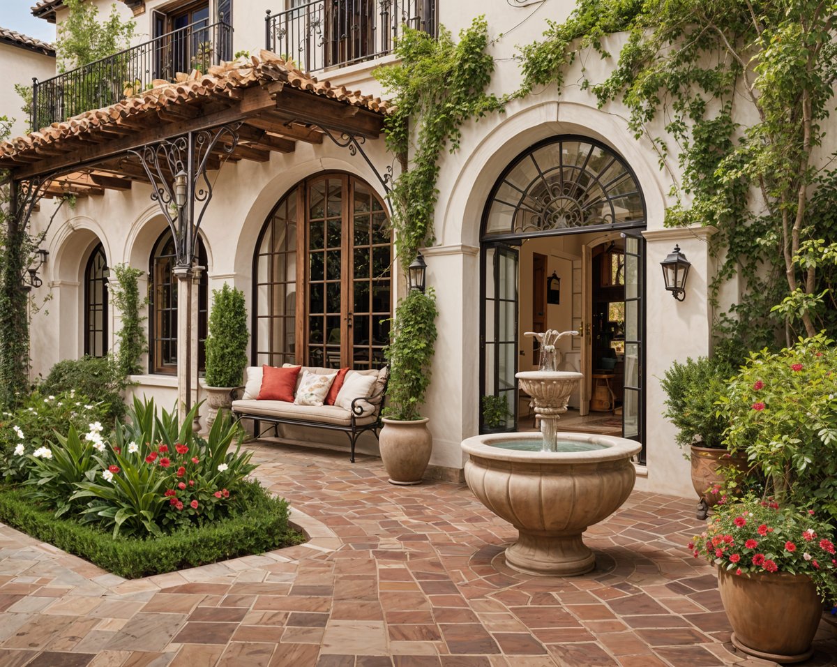 A Spanish style house with a red tile roof, white stucco walls, and a fountain in front of the door.