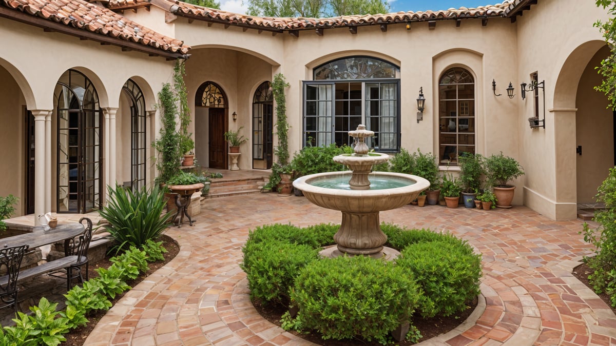 A beautiful house exterior with a fountain in the middle of the garden. The house has a Spanish style design and is surrounded by greenery and potted plants.