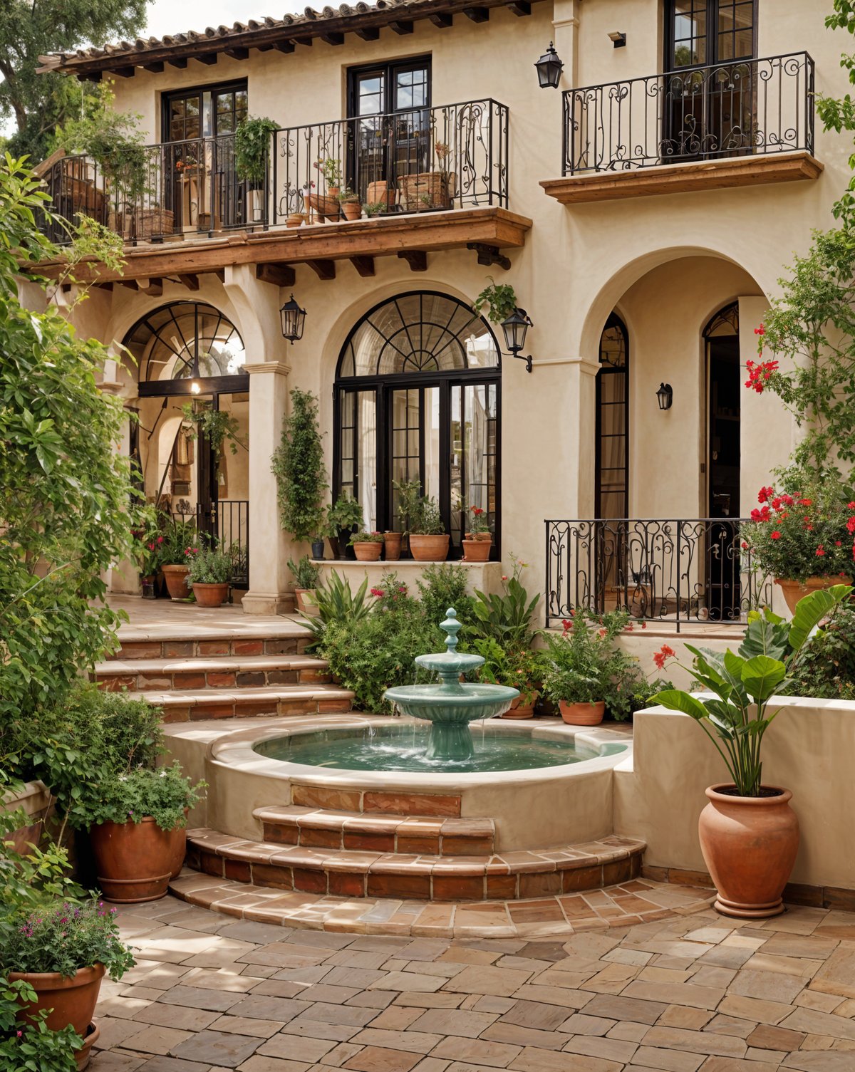 A house exterior with a fountain in the center, surrounded by potted plants and flowers.