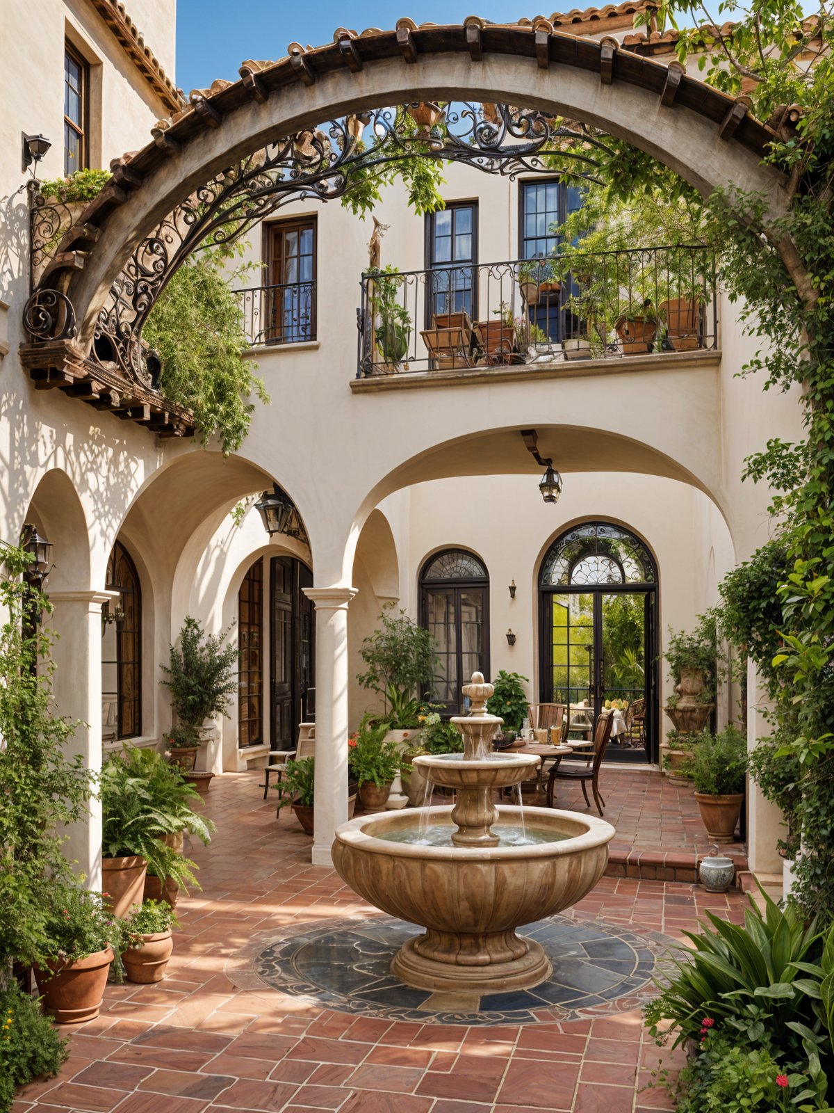 A Spanish style house with a fountain in the middle of a courtyard surrounded by potted plants.