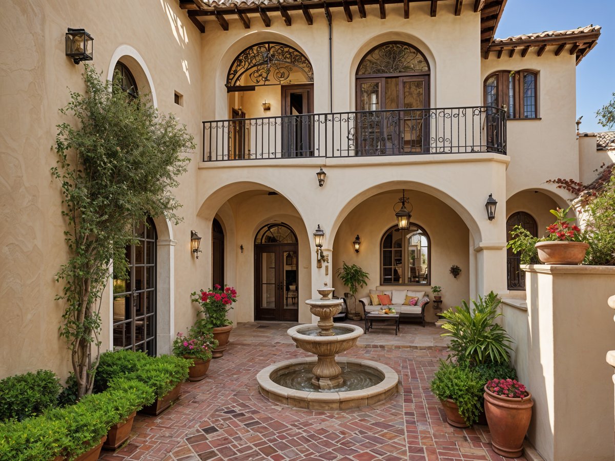 A Spanish style house with a courtyard, fountain, and balcony