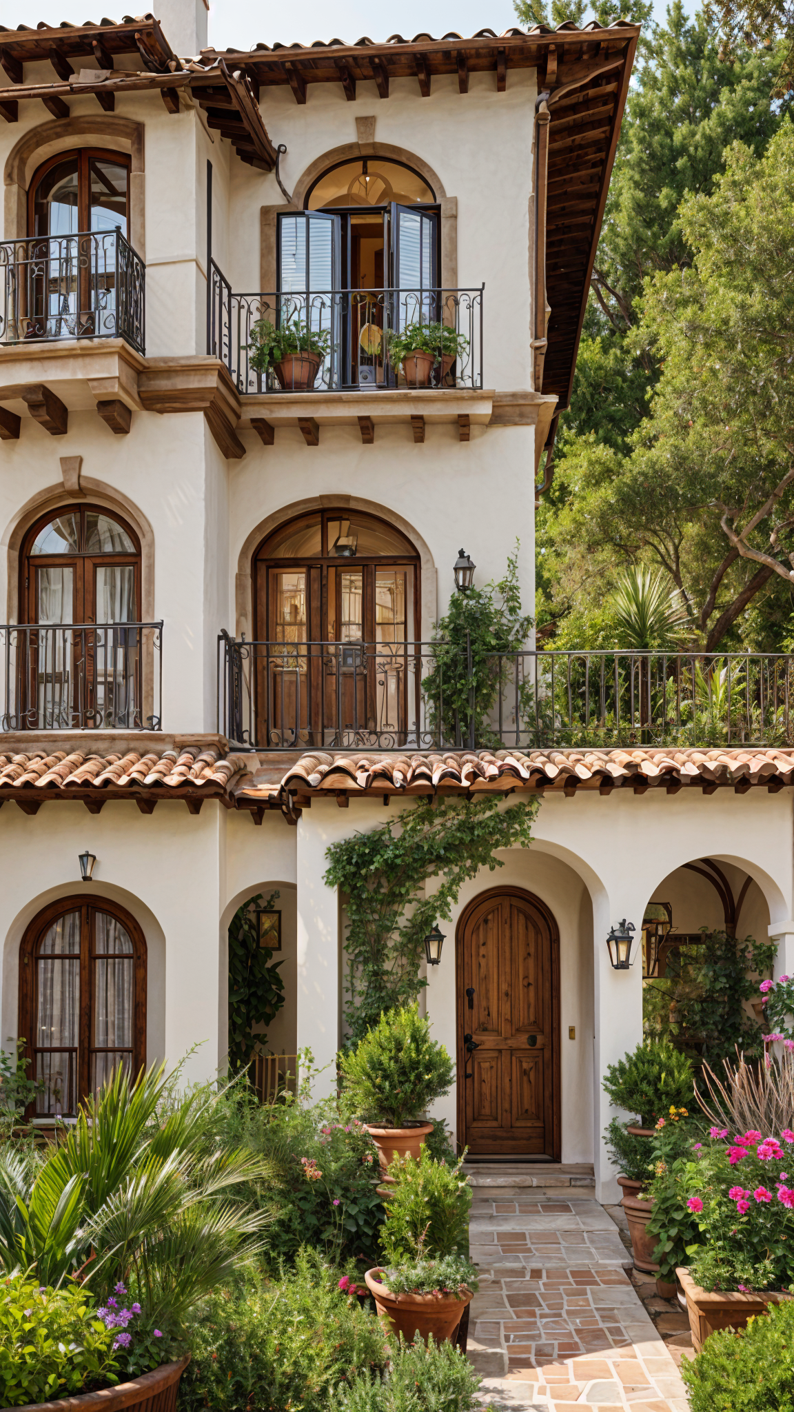 A Spanish style house with a red tile roof and wrought iron railing.