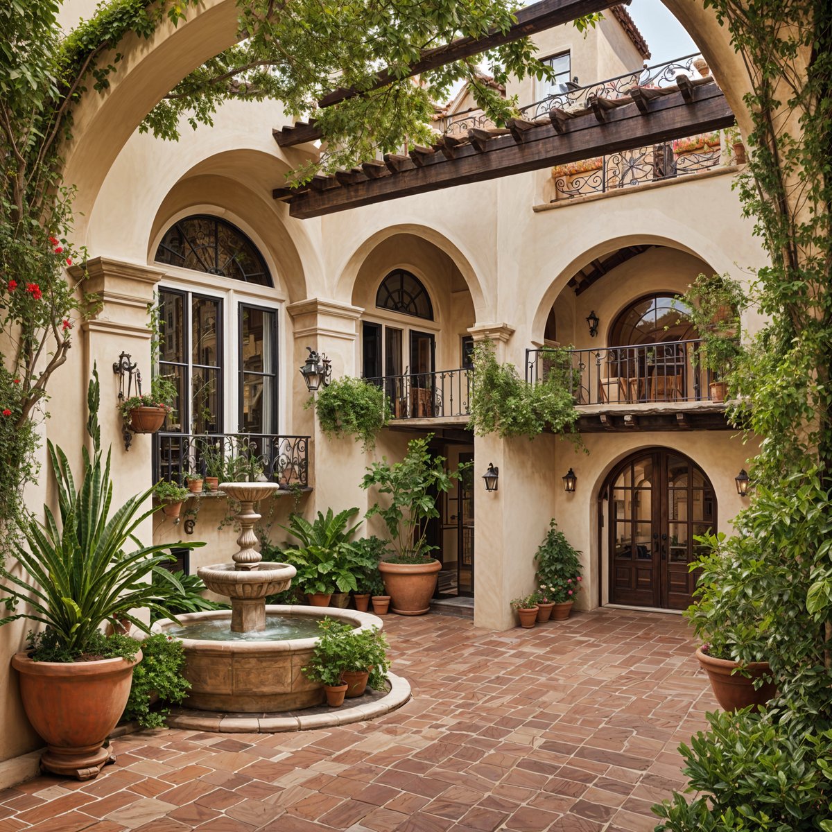 A Spanish style house with a fountain in the center of a courtyard, surrounded by potted plants and flowers.