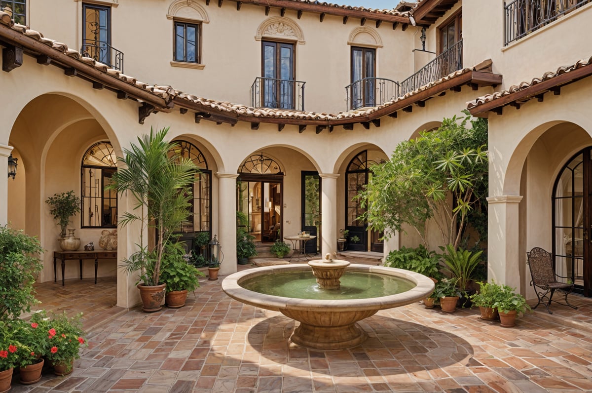 A house with a Spanish style design, featuring a circular driveway and a fountain in the center. The courtyard is surrounded by potted plants, adding to the overall aesthetic of the house.