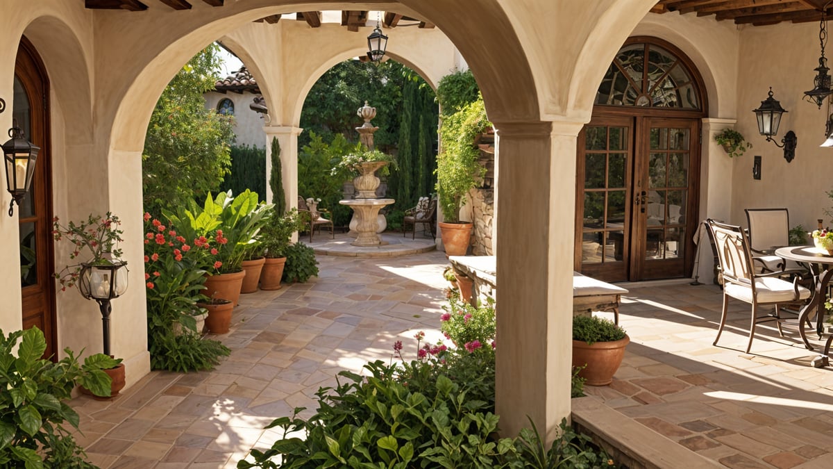 A beautiful Mediterranean garden with a fountain and potted plants