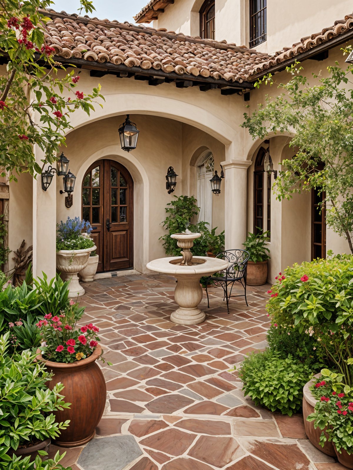 Spanish style house exterior with a fountain and potted plants