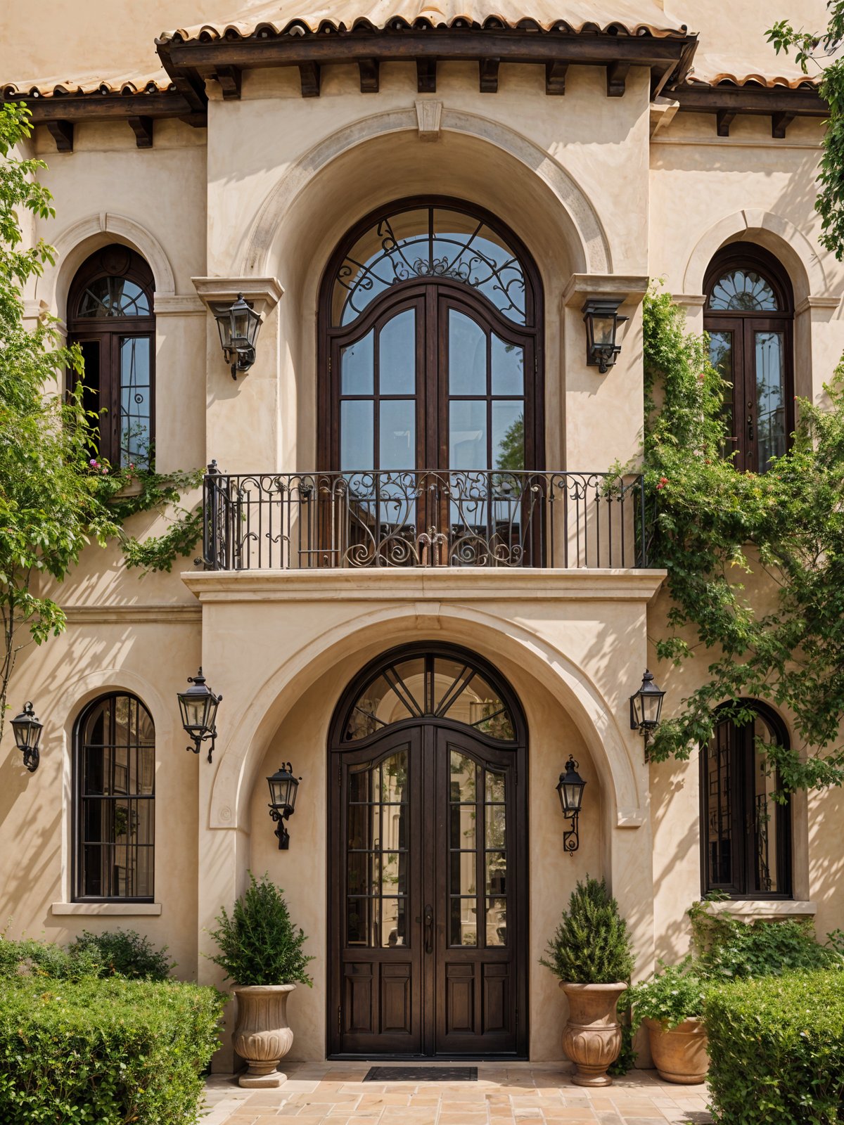 A Spanish style house with a large archway and balcony. The doorway is adorned with a clock and features a glass window above it.