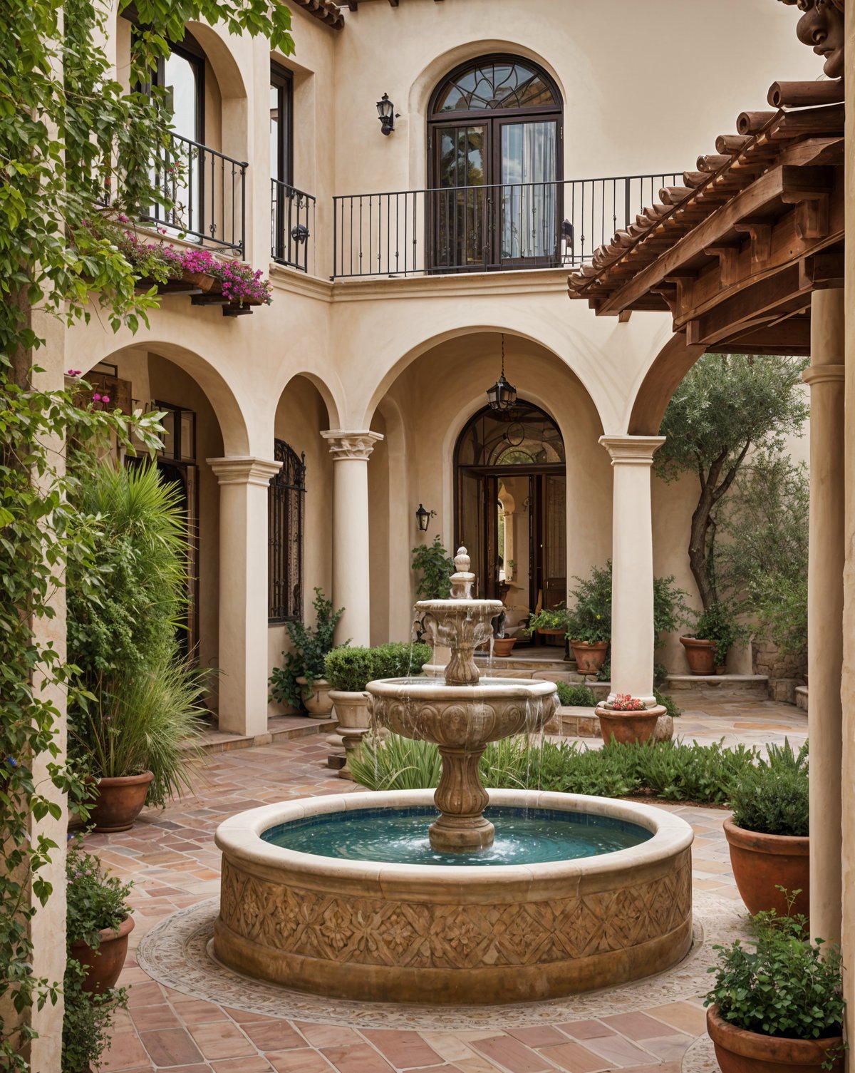 A Spanish style house with a fountain in the middle of a circular driveway. The house is surrounded by potted plants and flowers.