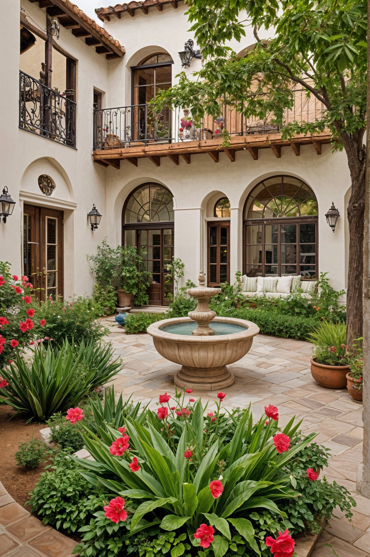 A beautiful Spanish style house with a red roof and white walls, surrounded by a garden filled with plants and flowers. A fountain serves as the centerpiece of the garden, creating a peaceful atmosphere.