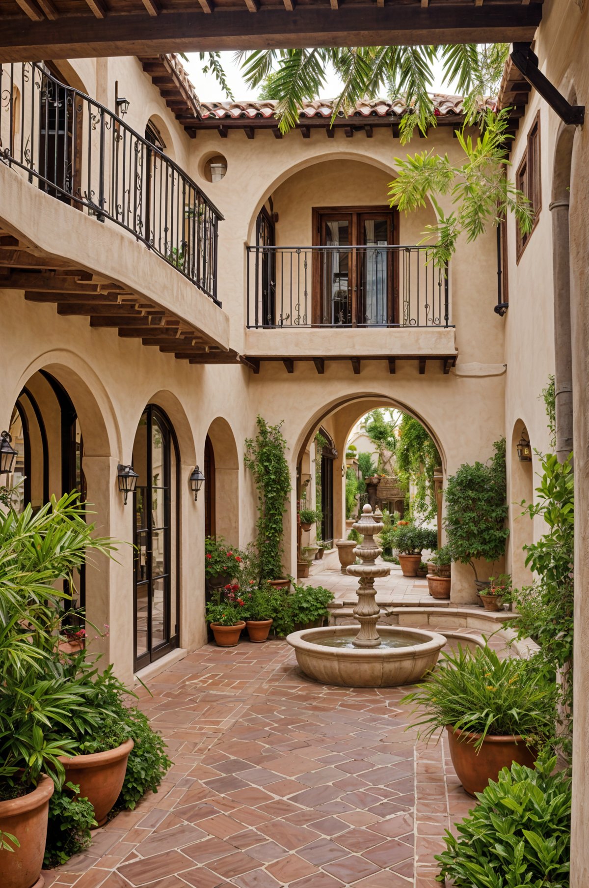 A Spanish style house with a courtyard and fountain. The courtyard is filled with potted plants and flowers.