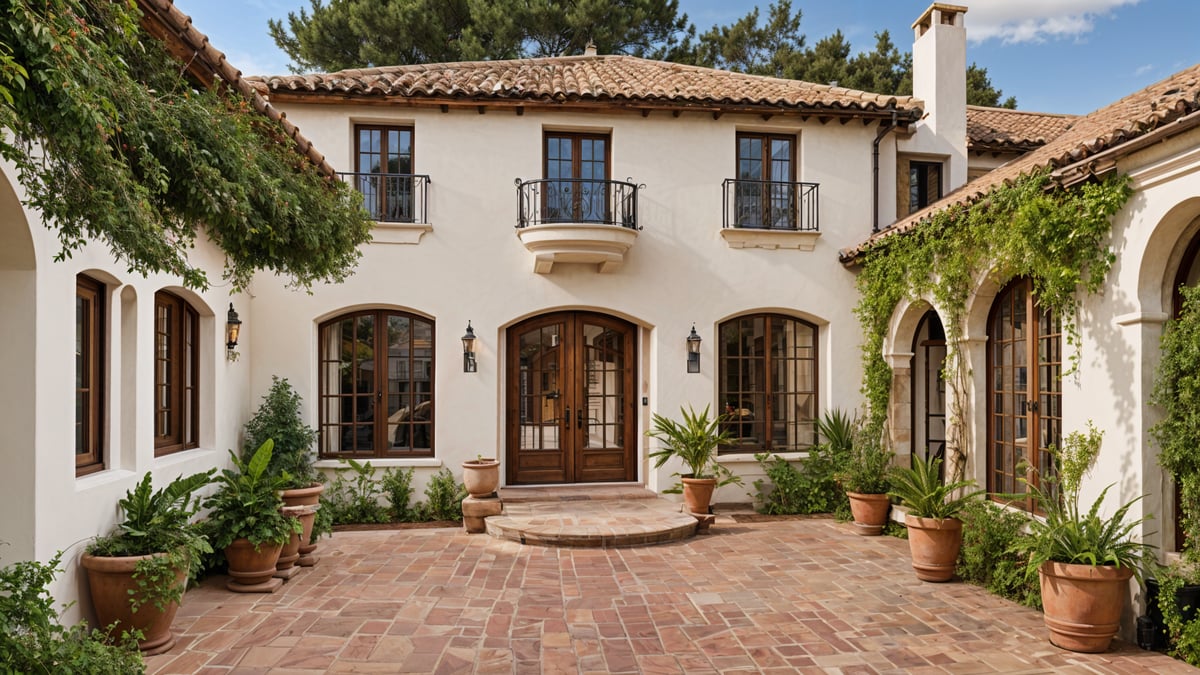 A white house with a Spanish style design and a large doorway. The house is surrounded by potted plants and trees.