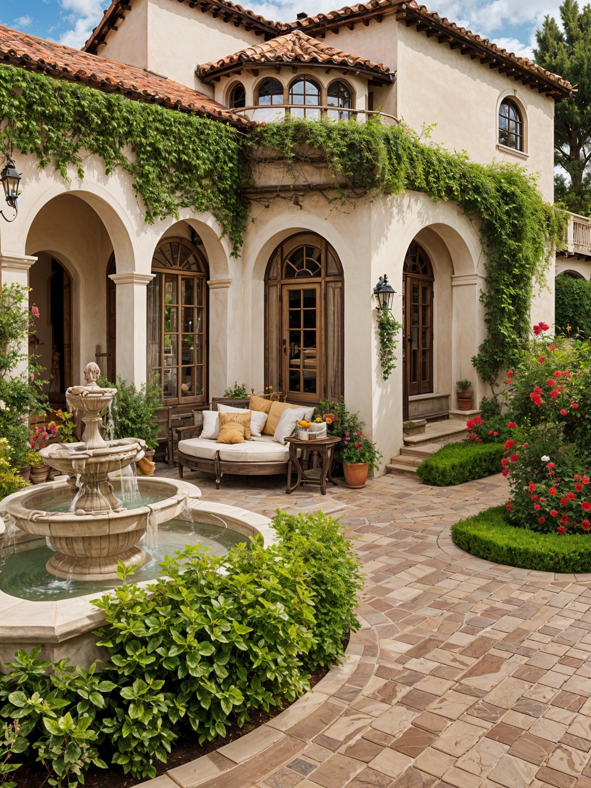 A beautiful house exterior with a fountain, garden, and patio. The house is adorned with ivy and has a brick walkway.