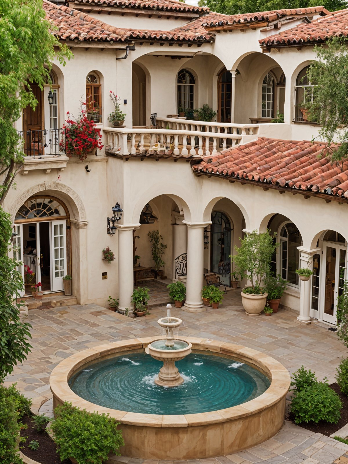 A Spanish style house with a circular driveway and a fountain in the center.