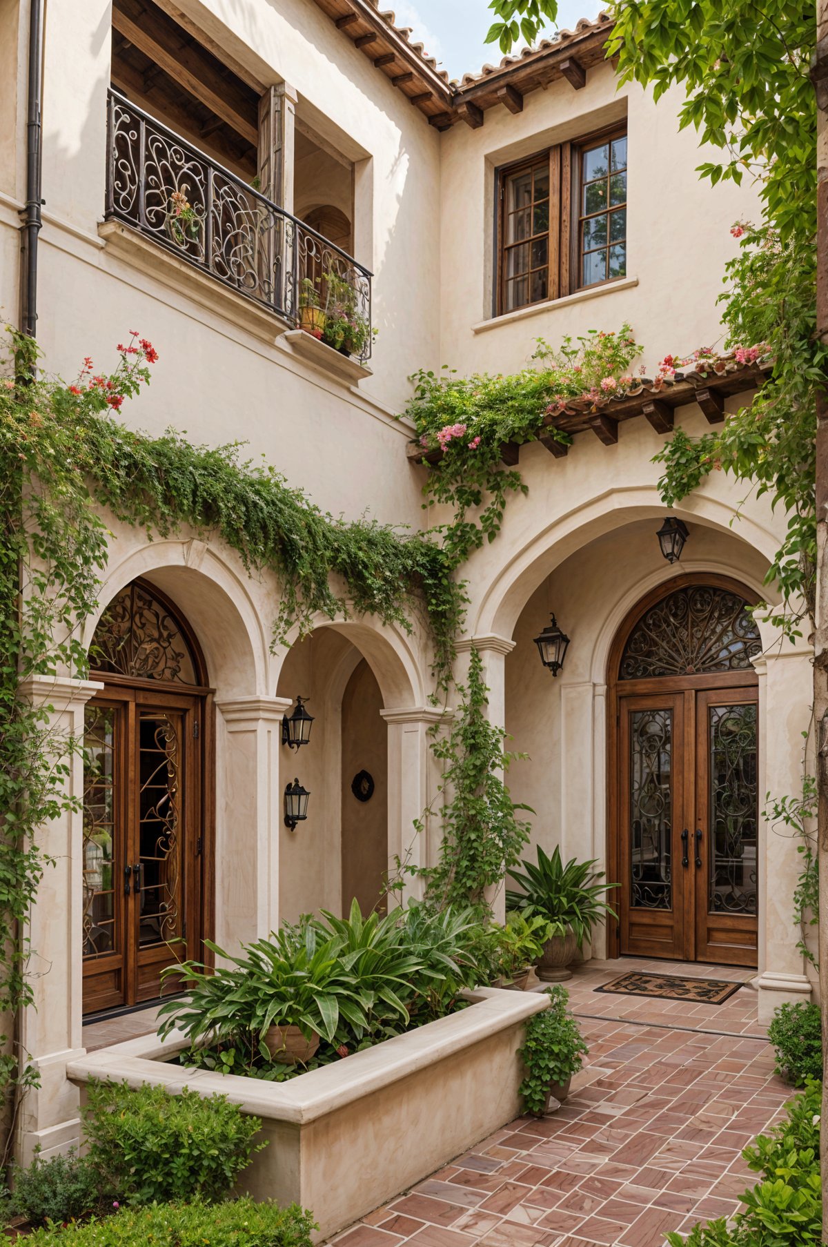 A Spanish style house exterior with a large archway, balcony, ivy, flowers, and a potted plant.