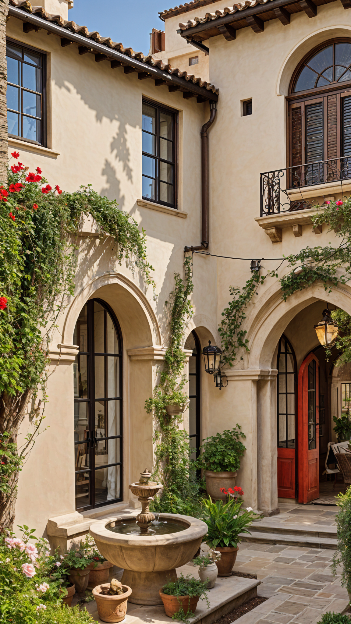 A house exterior with a white stucco wall, red door, and ivy and flowers. The design style is classic and elegant.