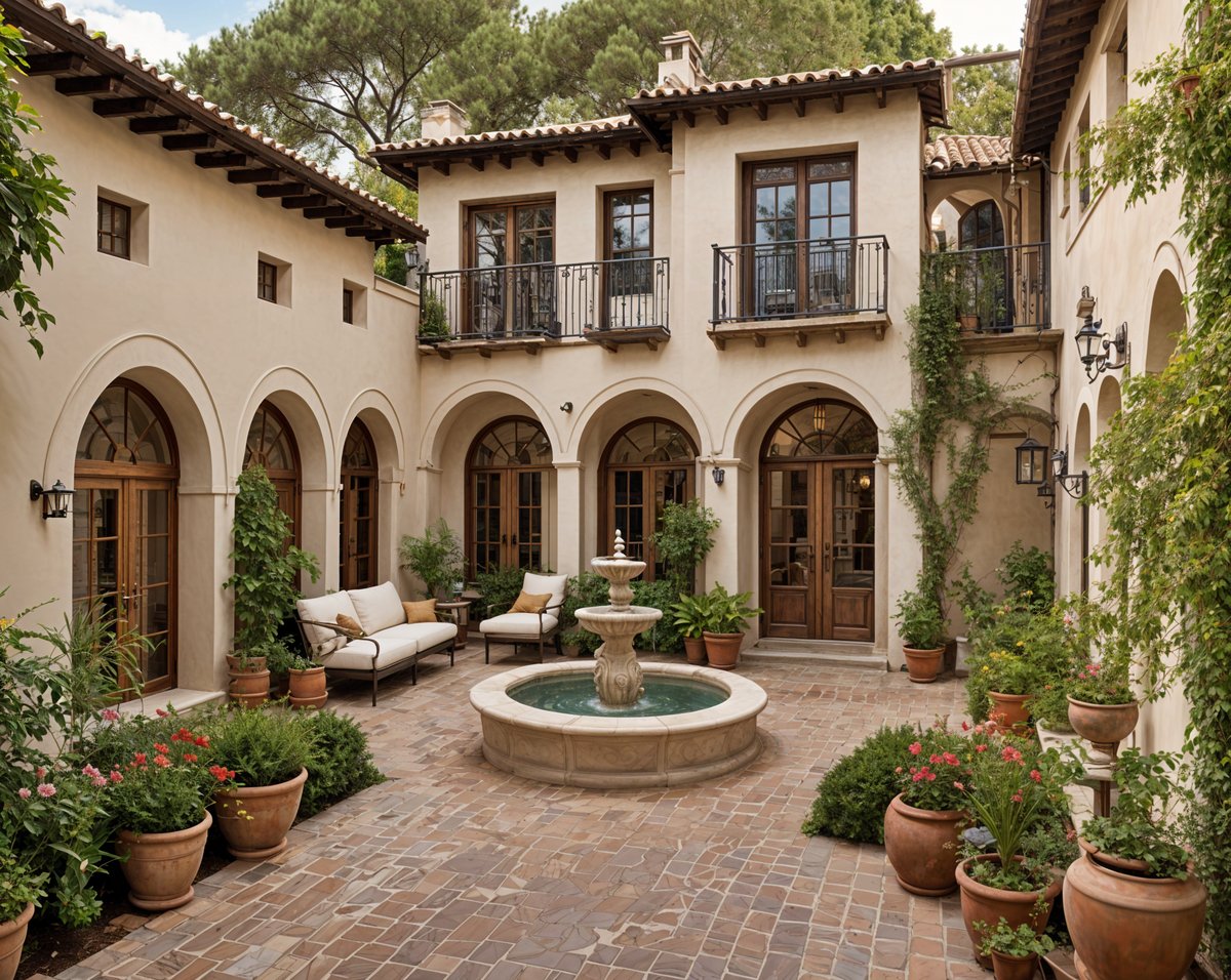 A Spanish style house with a courtyard in the middle, surrounded by potted plants and arched doorways.