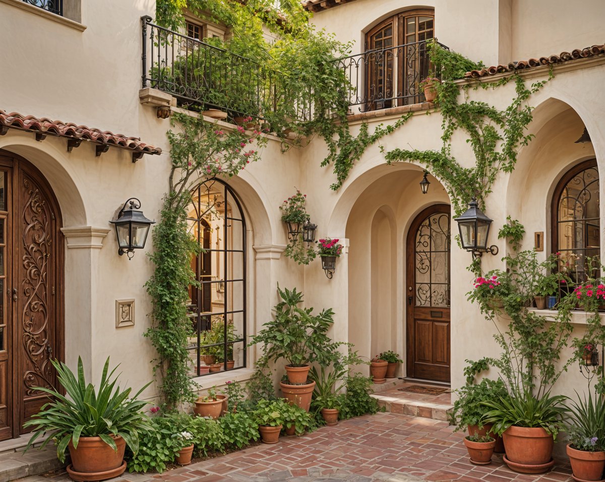 A house exterior with a brick walkway, potted plants, and a balcony with a railing and window.