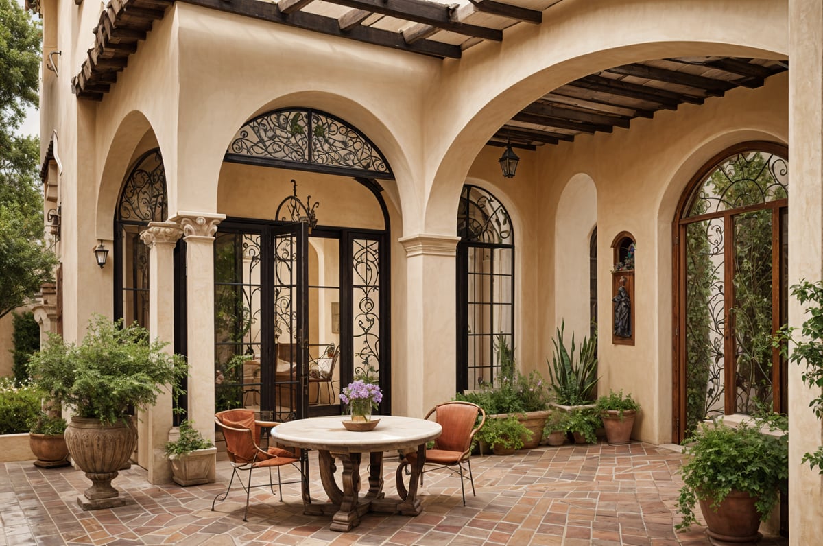 A Spanish style patio with a round table and chairs, surrounded by potted plants and a large archway.