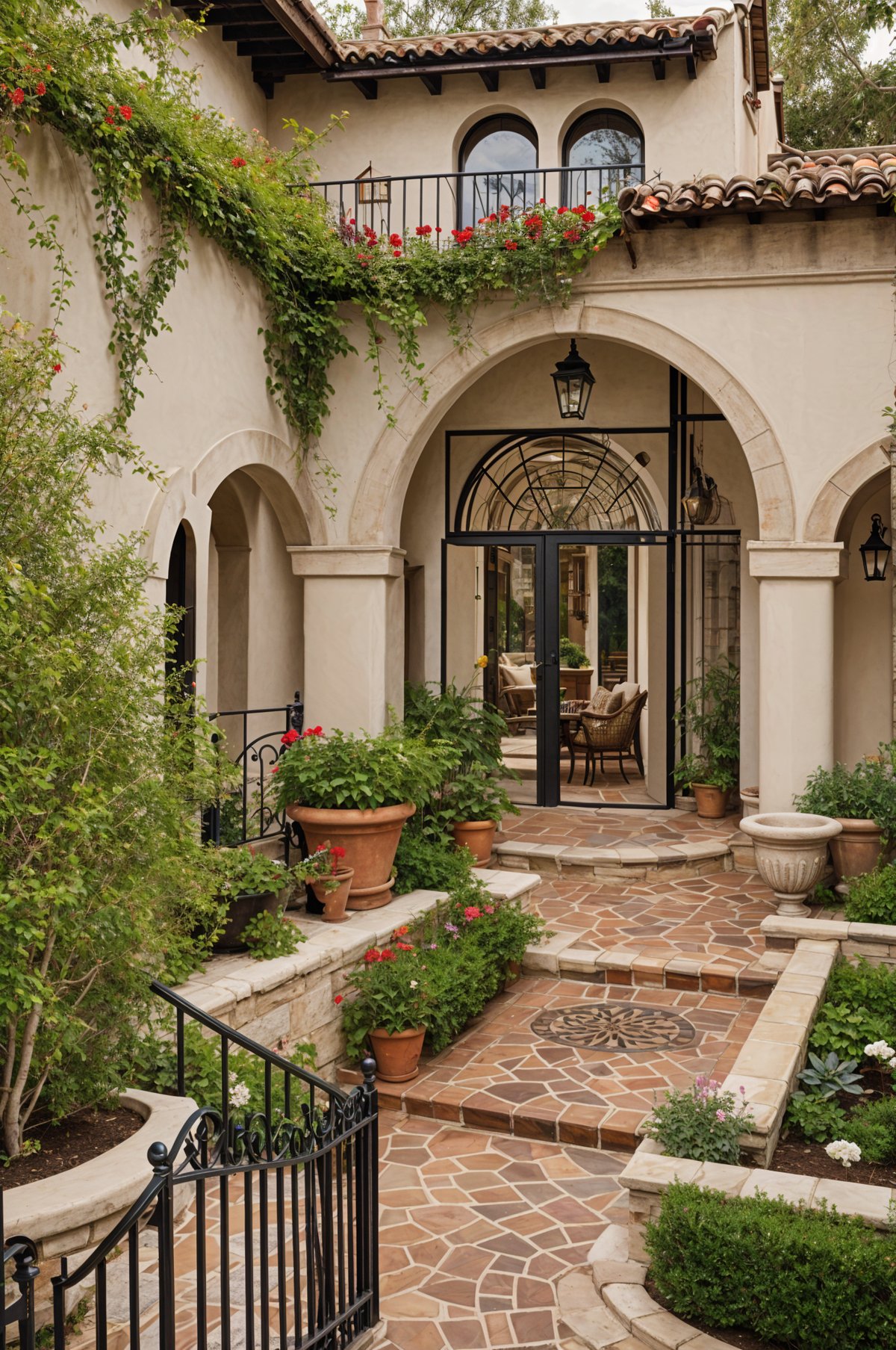 A house exterior with a brick walkway, glass arch, and potted plants and flowers.