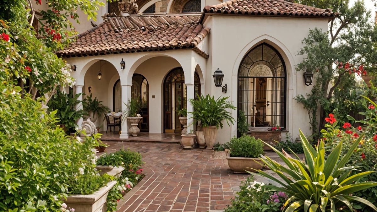 A Spanish style house with a red tile roof and white stucco walls, surrounded by many potted plants.