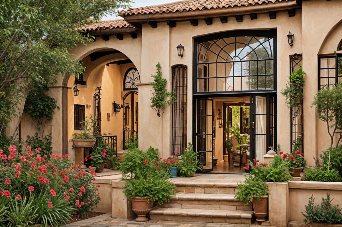 A Spanish style home with a red tile roof, stucco exterior, and a variety of potted plants and flowers.