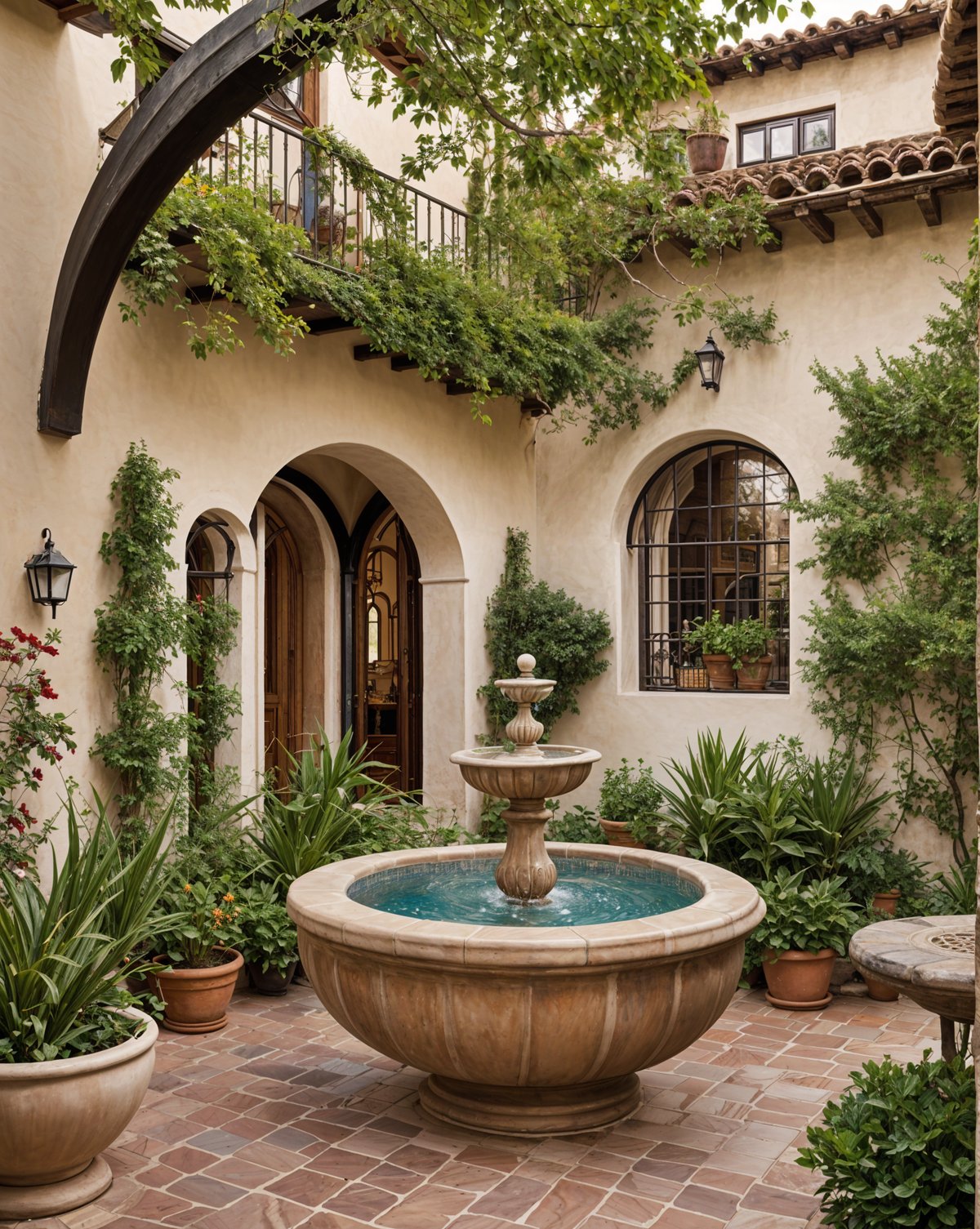 A Spanish style house with a fountain in the center of a garden. The house is surrounded by greenery and has a beautiful garden.