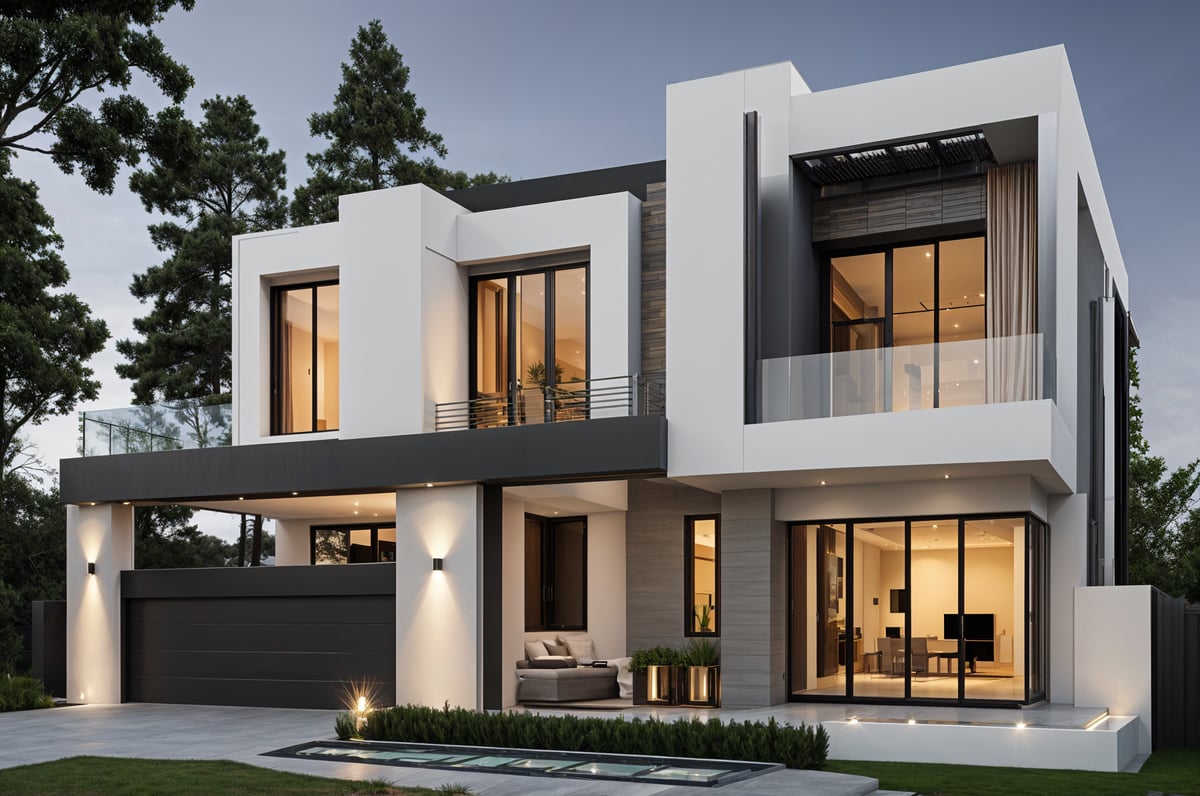 A modern house exterior with a large window and a patio with a fountain. The house is white and grey with a glass balcony.