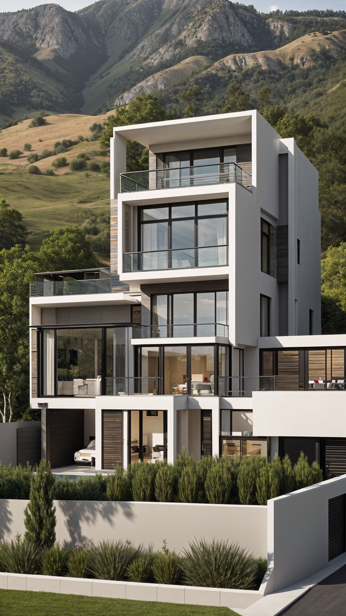 A modern house exterior with a large glass wall and a balcony on the second floor. The house is white and has a sleek design.