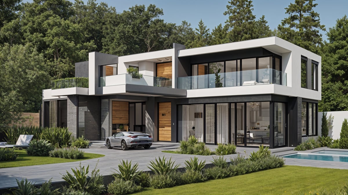 A modern house exterior with a car parked in front of it. The house is a two story building with a white and gray color scheme. The car is parked on the driveway, and there are potted plants surrounding the area. The house has a large window that spans across the entire second floor, providing ample natural light to the interior. The overall design of the house is sleek and contemporary, making it an attractive and inviting space.