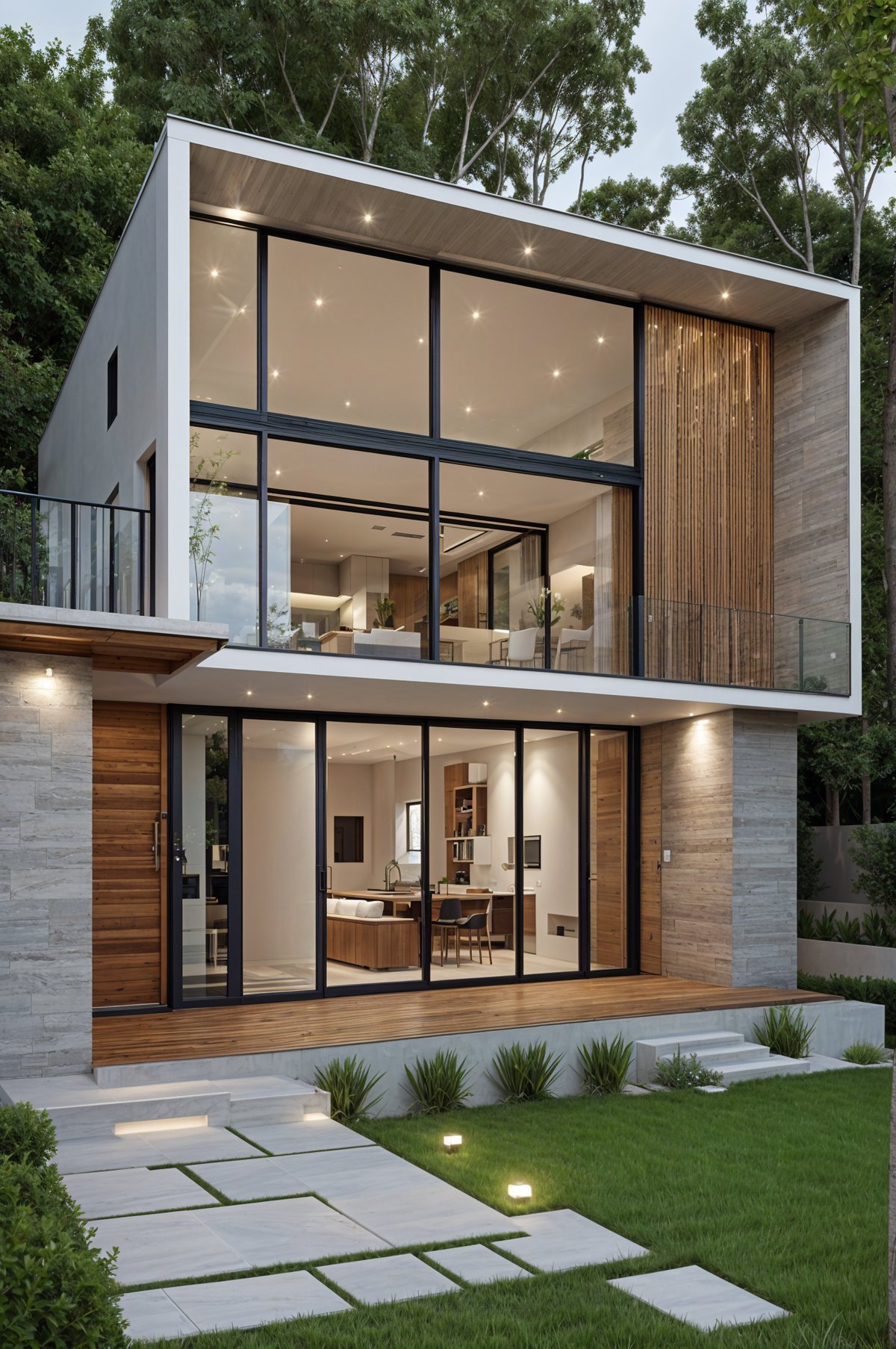 A modern house exterior with a large glass wall and wooden deck. The house is surrounded by a green lawn and features a contemporary design.