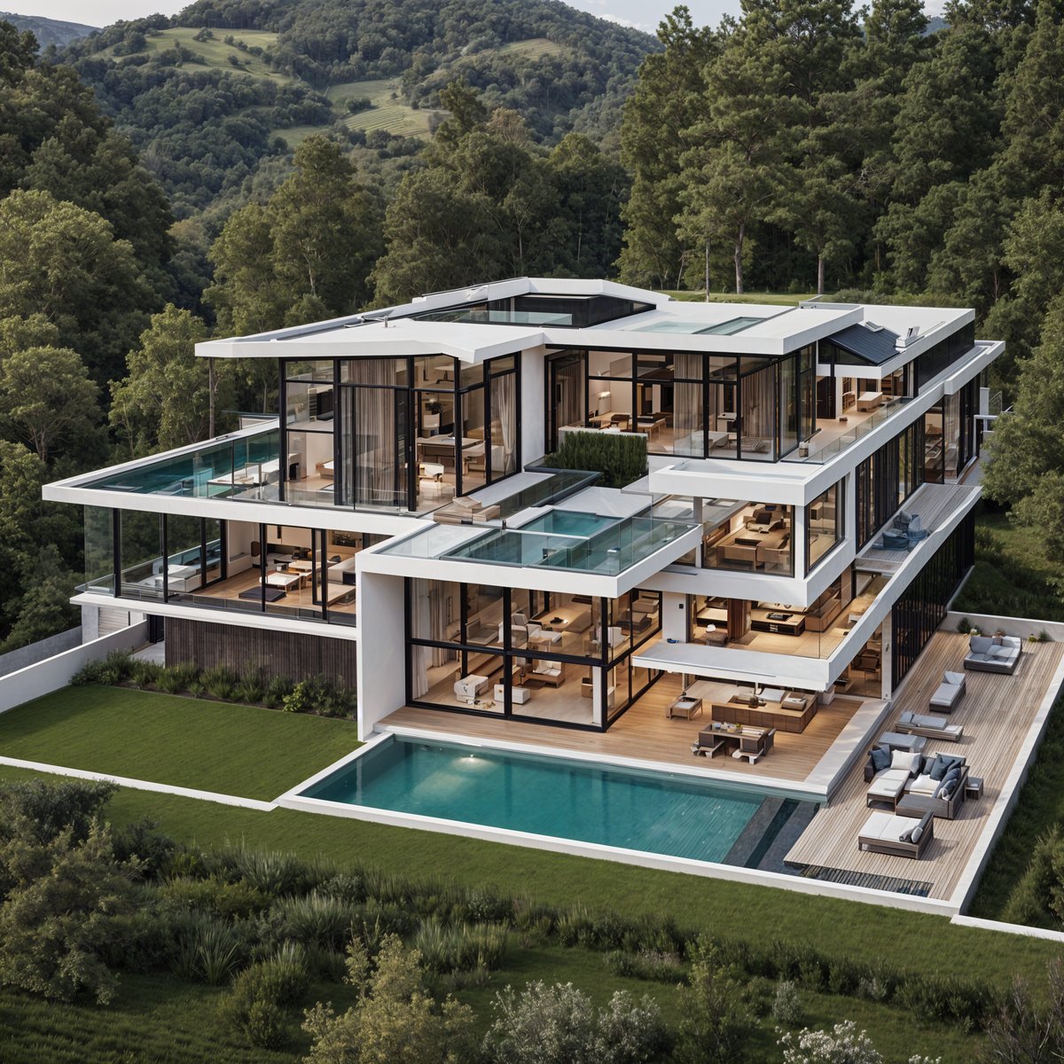 A large, modern house with a pool and a forest in the background. The house has a sleek design with many windows and a rooftop terrace. The pool is surrounded by chairs and a couch, making it a perfect spot to relax and enjoy the view.