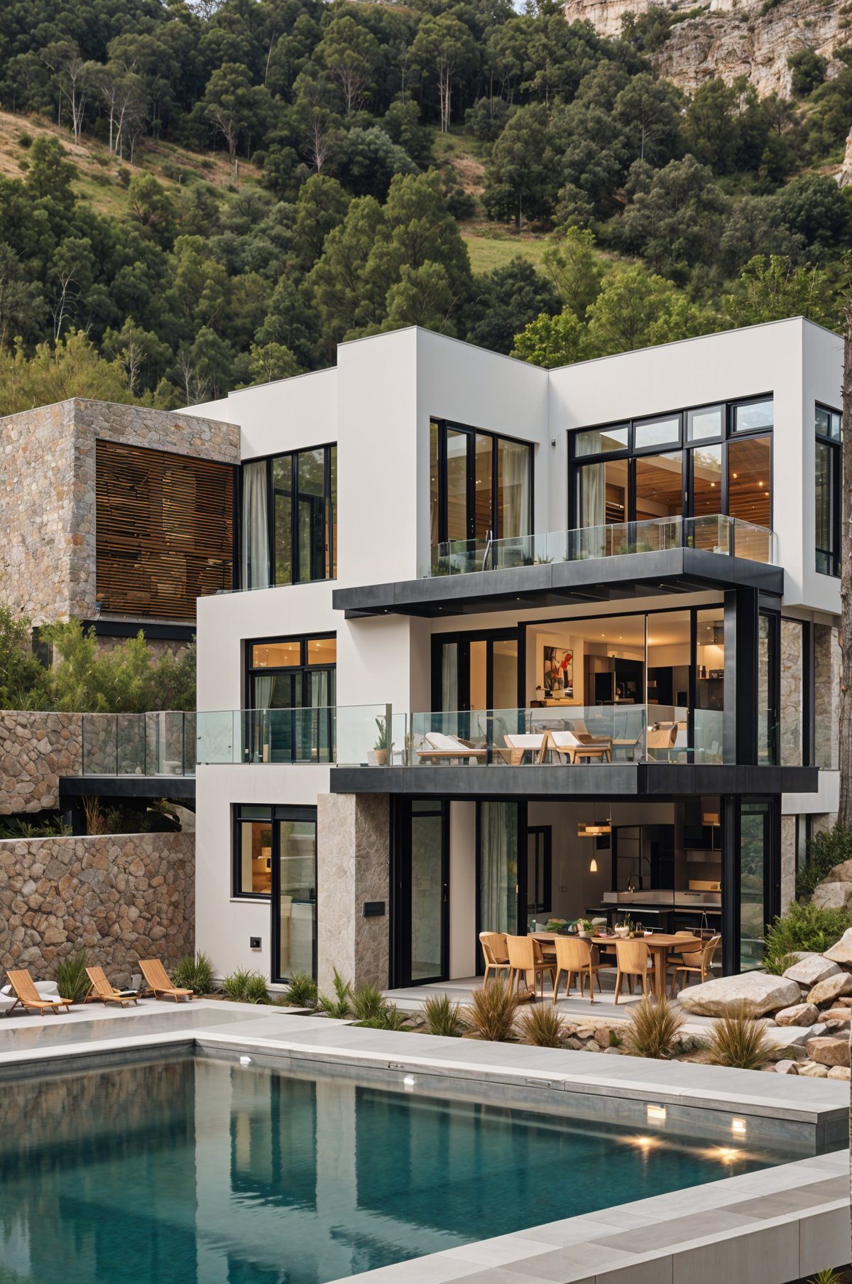 Modern house exterior with a glass wall and balcony overlooking a swimming pool.